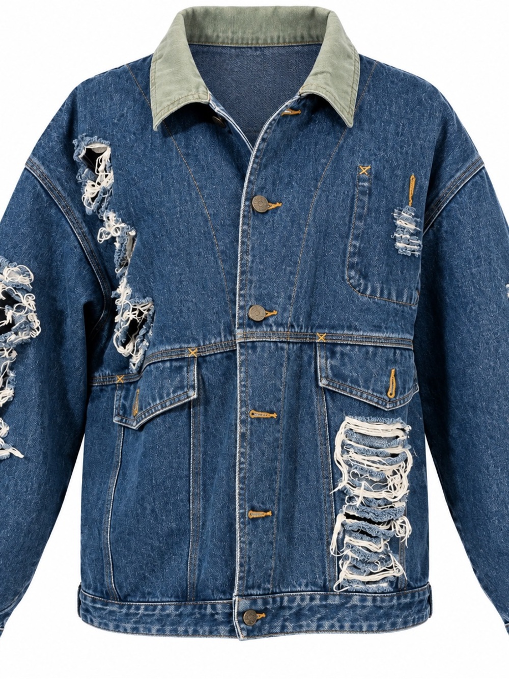 Women’s Distressed Denim Shirt Jacket with Contrast Collar - Blue